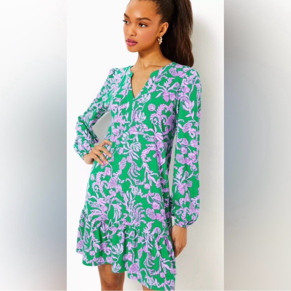 Lilly Pulitzer Alyssa A-Line Long Sleeve Dress in Brazilian Green Salty Sandbar - Picture 5 of 16